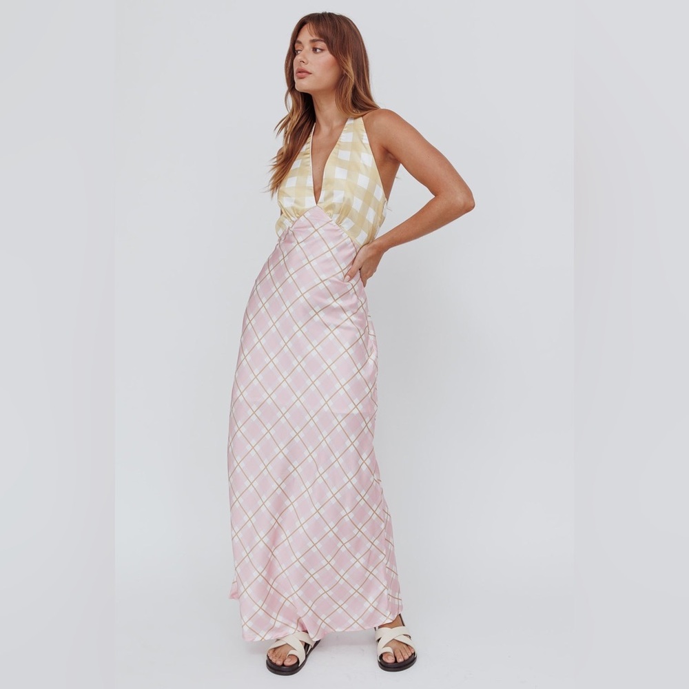 Picnic Plaid Satin Midi Dress Halter Y2K Slip AU 6 US XS - Picture 11 of 16